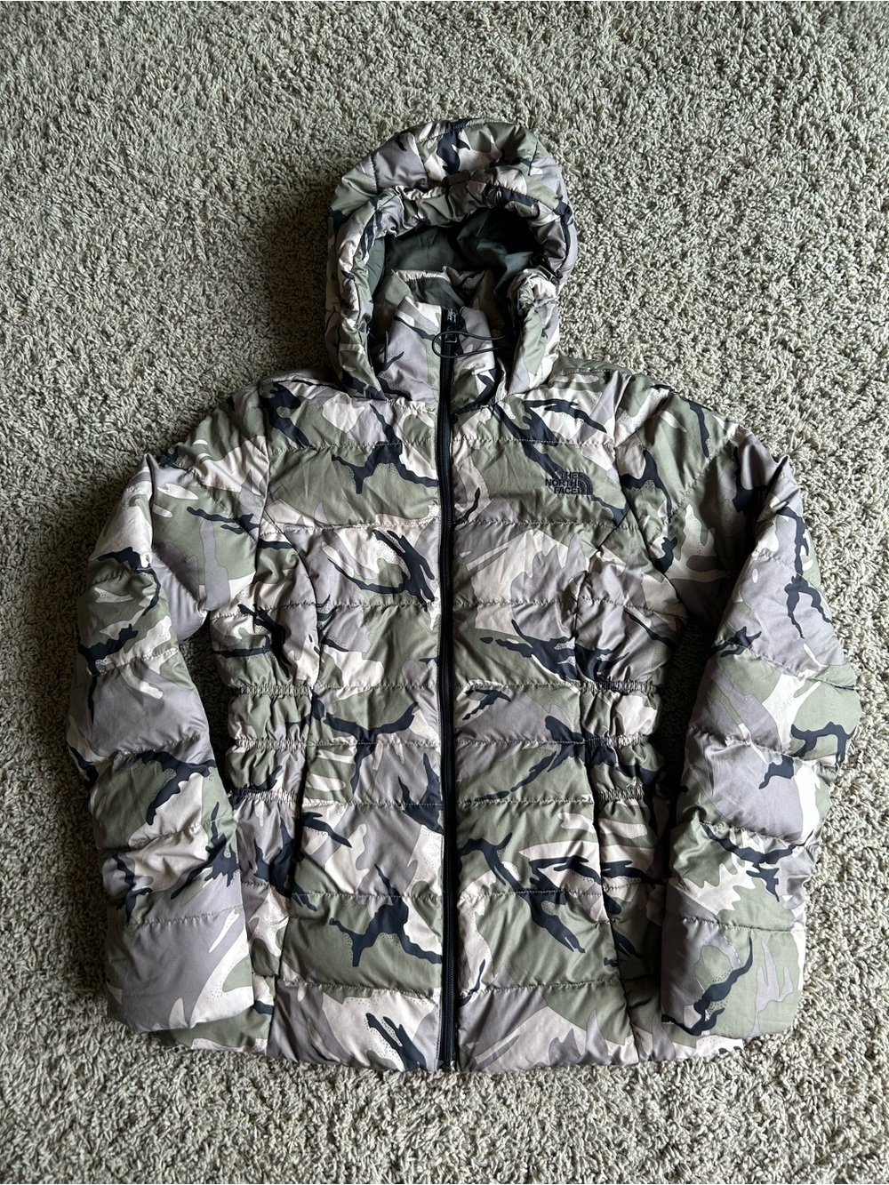 The North Face Hooded Puffer Jacket Womens XS 550 Goose Down Army Green Camo